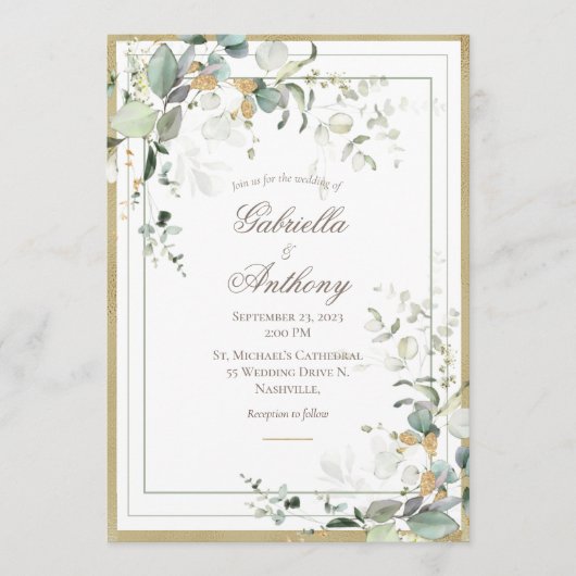 Invitation Elégant Rustique Eucalyptus Verdure Mariage Or (Devant)