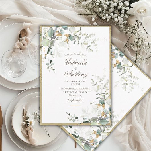 Invitation Élégant Rustique Feuilles Verdure Or Mariage