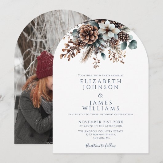 Invitation Elégant Rustique Floral Pinecone Photo Mariage Arc (Devant / Derrière)