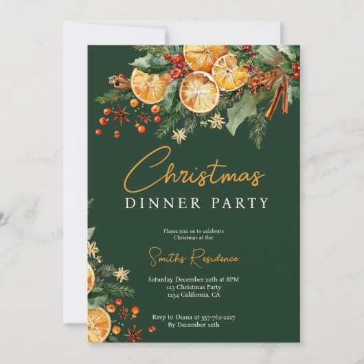 Invitation Élégant Rustique Orange Pine Noël Parti Vert (Devant)