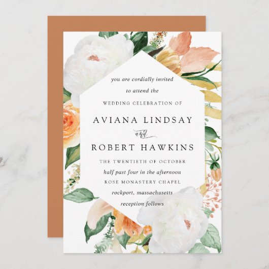 Invitation Élégant Rustique Rose d'automne Peony Mariage flor (Devant / Derrière)