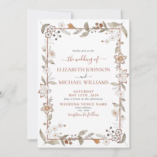 Invitation Élégant rustique Terracotta Floral Script Mariage (Devant)