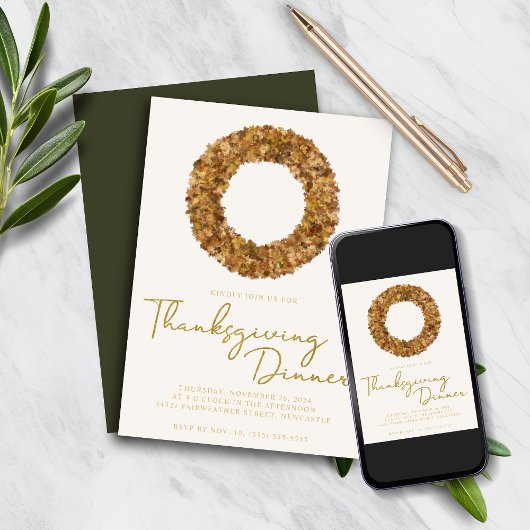 Invitation Élégant Rustique Thanksgiving Fall Wreath Gold Foi