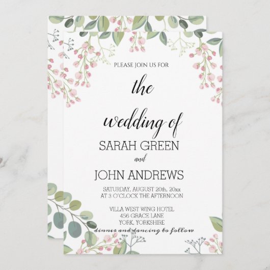 Invitation Elégant rustique verdure Mariage aquarelle (Devant / Derrière)