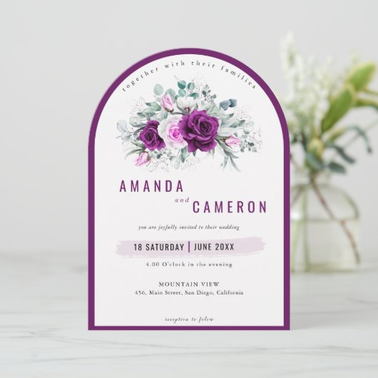 Invitation Élégant Rustique violet bleu flou Mariage photo (Debout devant)