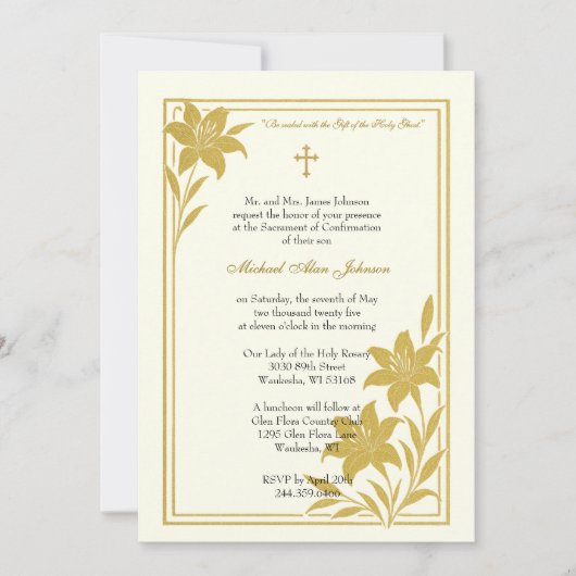 Invitation Élégant sacrement de la confirmation Lys d'or (Devant)