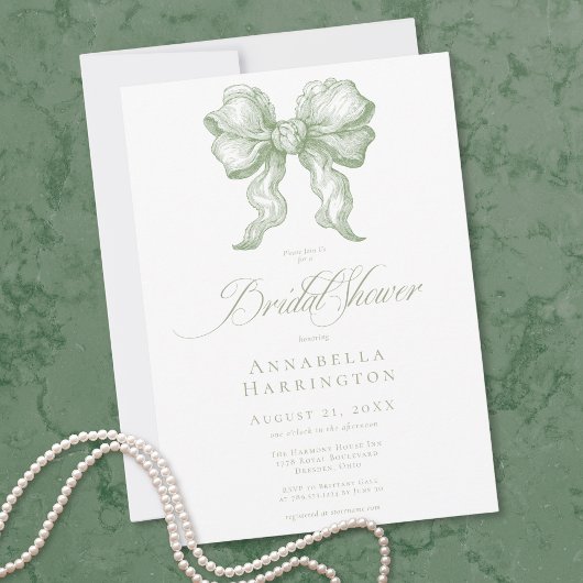 Invitation Elegant Sage Bow Toile French Bridal Shower