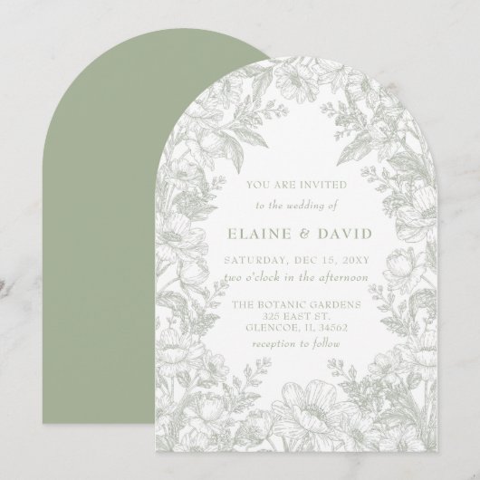 Invitation Elegant Sage Chinoiserie Floral Botanical Wedding (Devant / Derrière)
