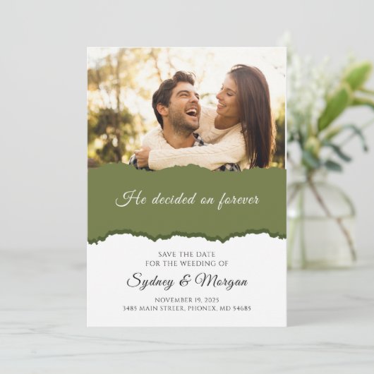 Invitation Élégant Sage Floral Vert Avec Photo Enregistrer Da (Debout devant)