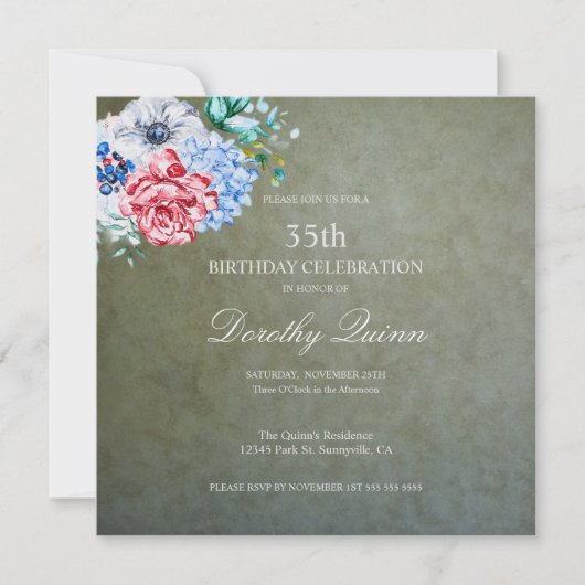 Invitation Elégant Sage Gold Aquarelle Florale Anniversaire (Devant)