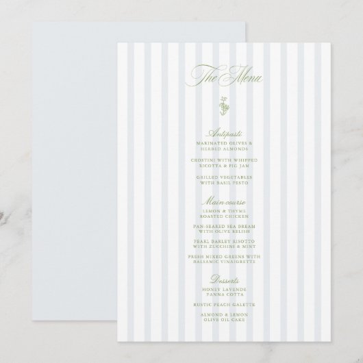 Invitation Elegant Sage Green & Blue Striped Wedding Menu (Devant / Derrière)