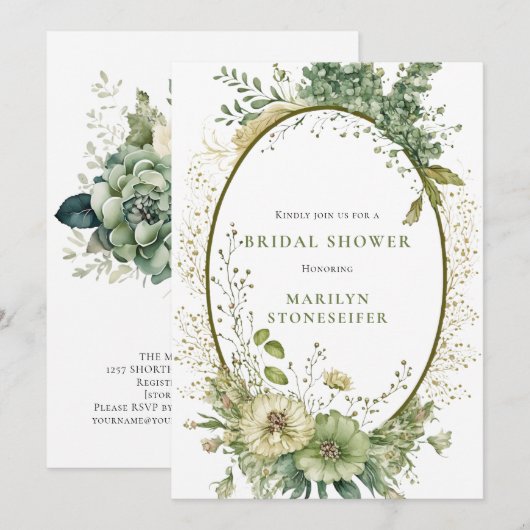 Invitation Elegant Sage Green Botanical Bridal Shower | (Devant / Derrière)