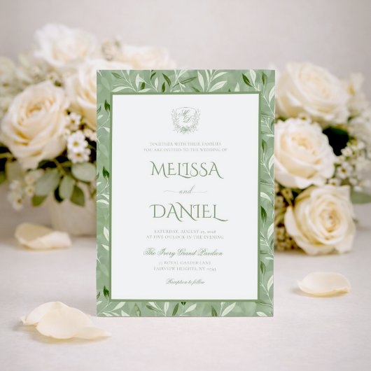 Invitation Elegant Sage Green Botanical Crest Wedding