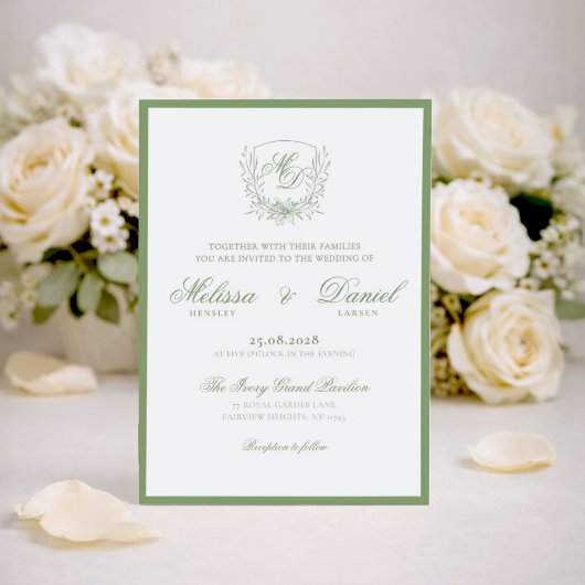 Invitation Elegant Sage Green Botanical Crest Wedding