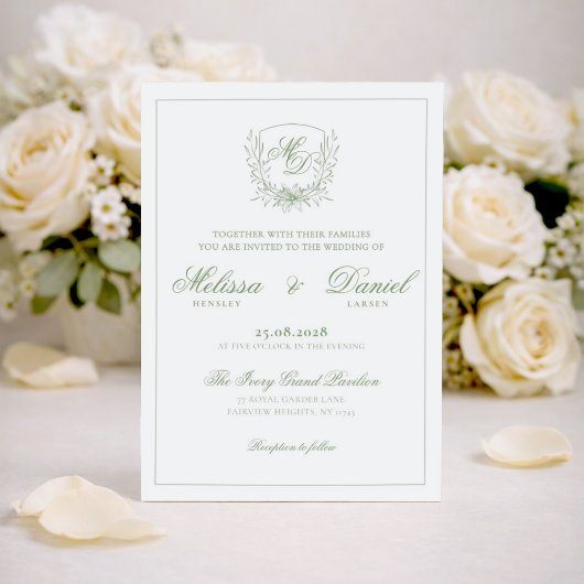 Invitation Elegant Sage Green Botanical Crest Wedding