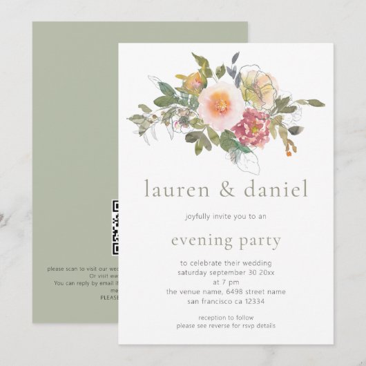 Invitation Elégant Sage Green Bouquet Floral Soirée QR Code (Devant / Derrière)