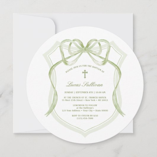 Invitation Élégant Sage Green Bow Crest Baptisme (Devant)