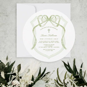 Invitation Élégant Sage Green Bow Crest Baptisme