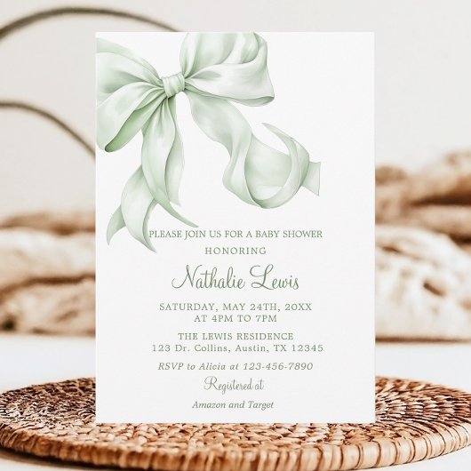 Invitation Elégant Sage Green Bow En vichy Baby shower