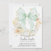 Invitation Elegant Sage Green Bow Floral First Birthday (Devant)