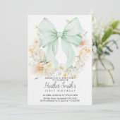 Invitation Elegant Sage Green Bow Floral First Birthday (Debout devant)