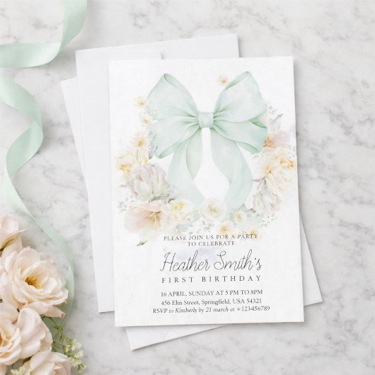 Invitation Elegant Sage Green Bow Floral First Birthday
