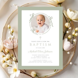 Invitation Elegant Sage Green Bow Photo Baptism