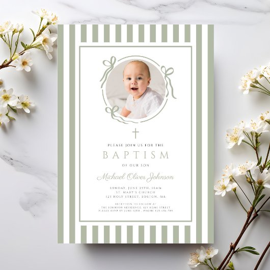 Invitation Elegant Sage Green Bow Photo Boy Baptism