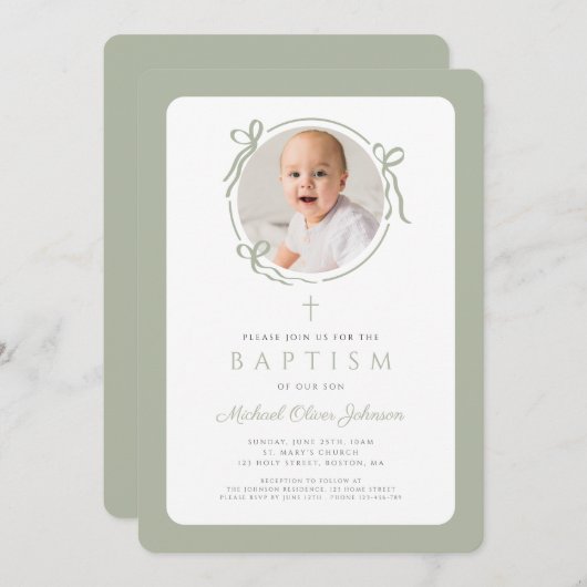 Invitation Elegant Sage Green Bow Photo Boy Baptism (Devant / Derrière)