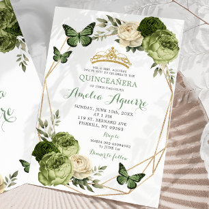 Invitation Elégant Sage Green Butterfly Floral Quinceañera