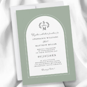 Invitation Élégant Sage Green Calligraphy Crest Arch Mariage