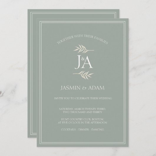 Invitation Élégant Sage Green Classic Initiales Mariage (Devant / Derrière)