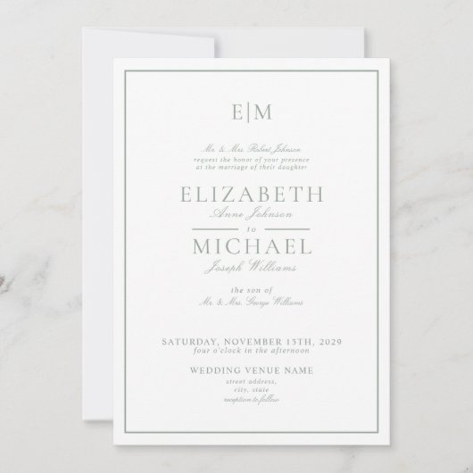 Invitation Élégant Sage Green Classic Script Monogramme Maria (Devant)