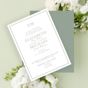 Invitation Élégant Sage Green Classic Script Monogramme Maria