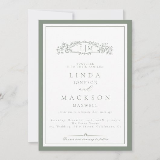 Invitation Élégant Sage Green Crest Monogram Mariage (Devant)