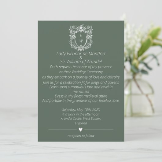 Invitation Élégant Sage Green Crest Monogram Mariage (Debout devant)