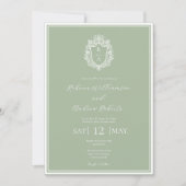 Invitation Élégant Sage Green Crest Monogram Mariage (Devant)