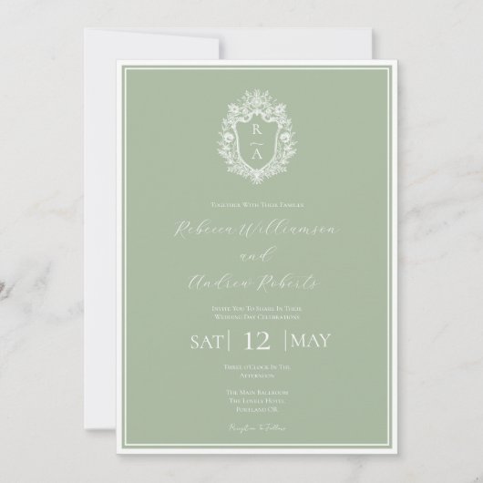 Invitation Élégant Sage Green Crest Monogram Mariage (Devant)