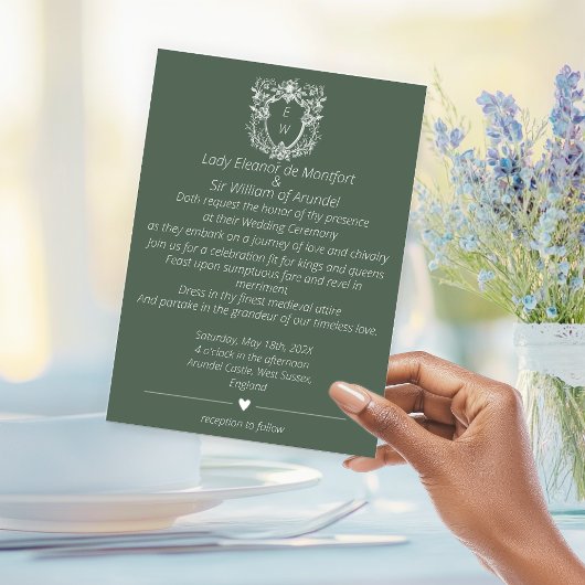 Invitation Élégant Sage Green Crest Monogram Mariage