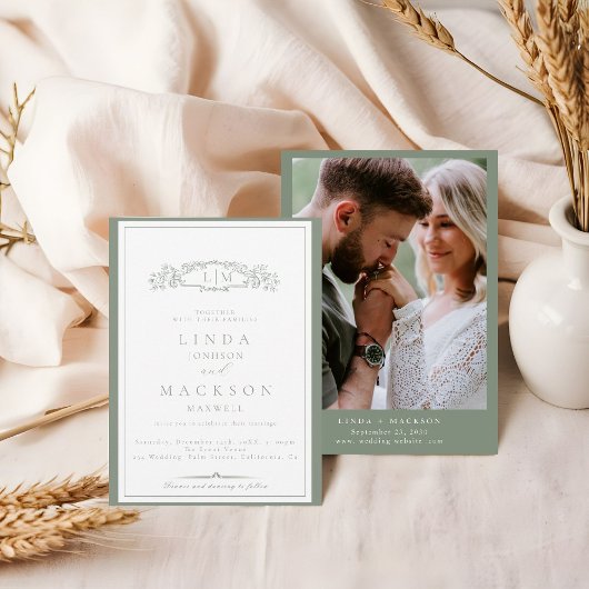Invitation Élégant Sage Green Crest Monogram Mariage