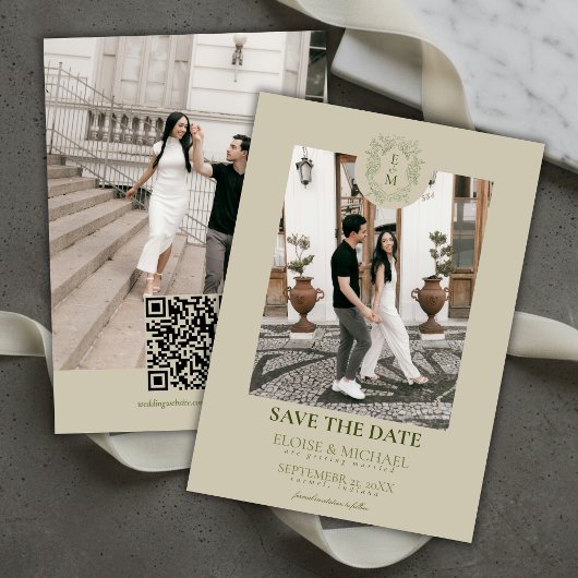 Invitation Elegant Sage Green Crest Monogram Save The Date 