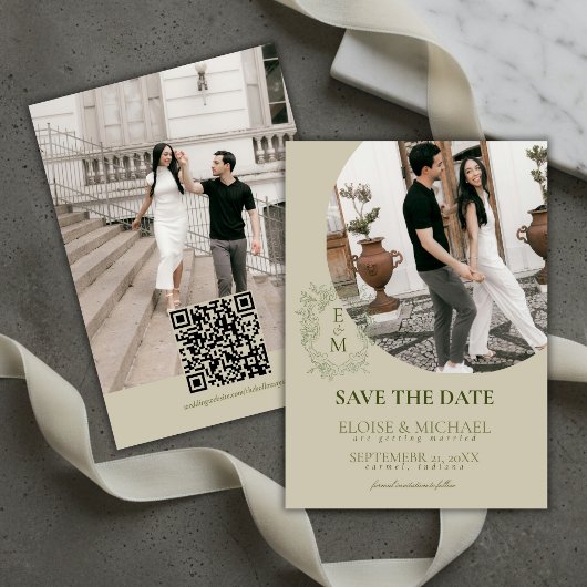 Invitation Elegant Sage Green Crest Monogram Save The Date 