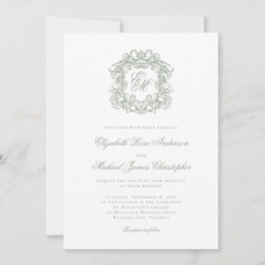 Invitation Elegant Sage Green Crest Monogram Wedding (Devant)