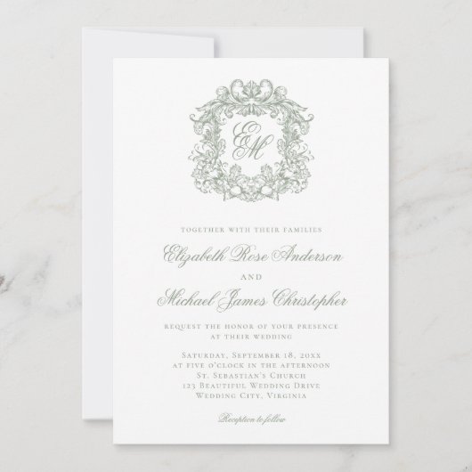 Invitation Elegant Sage Green Crest Monogram Wedding (Devant)