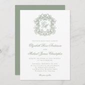 Invitation Elegant Sage Green Crest Monogram Wedding (Devant / Derrière)