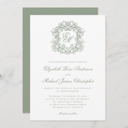 Invitation Elegant Sage Green Crest Monogram Wedding (Devant / Derrière)