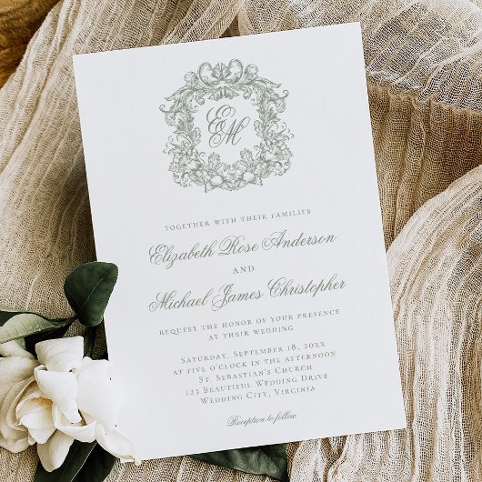 Invitation Elegant Sage Green Crest Monogram Wedding