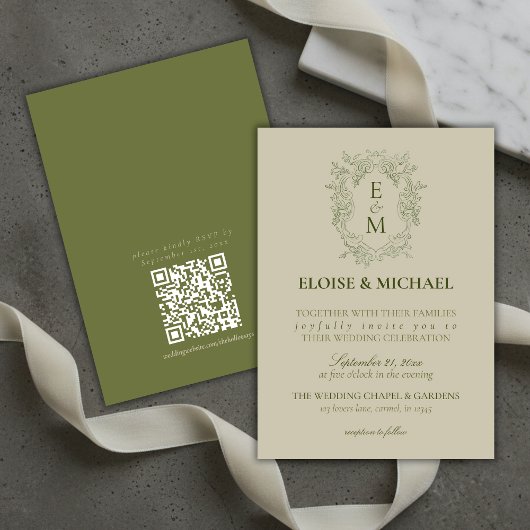 Invitation Elegant Sage Green Crest Monogram Wedding