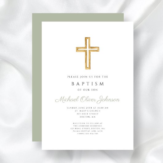 Invitation Élégant Sage Green Croix religieuse Baptême