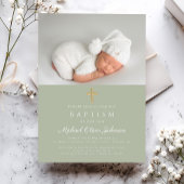 Invitation Elégant Sage Green Croix religieuse Photo Baptême